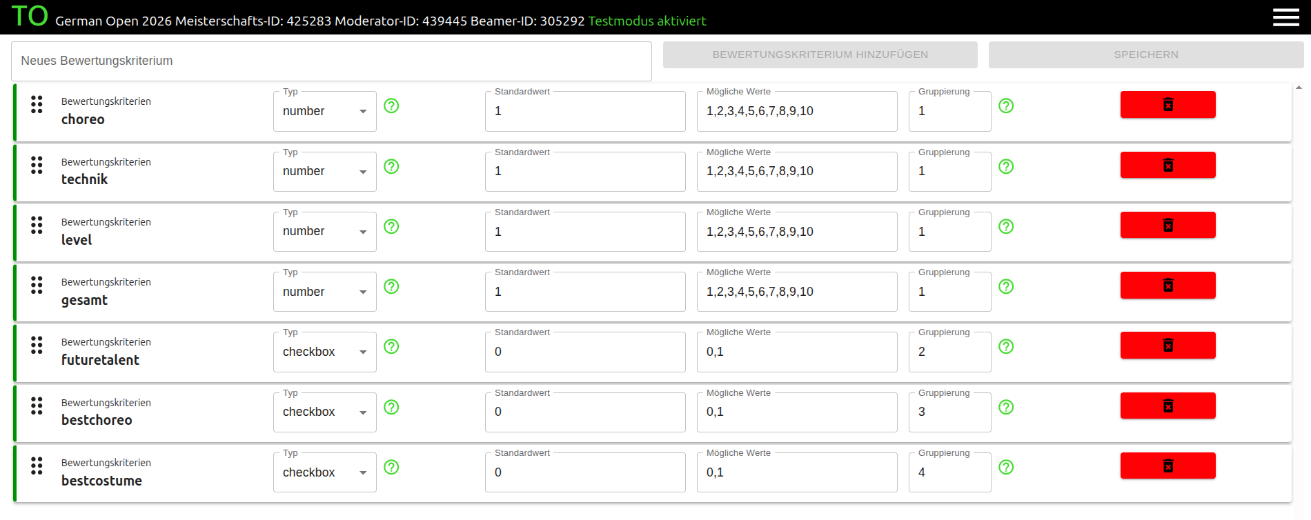 Set scoring criteria