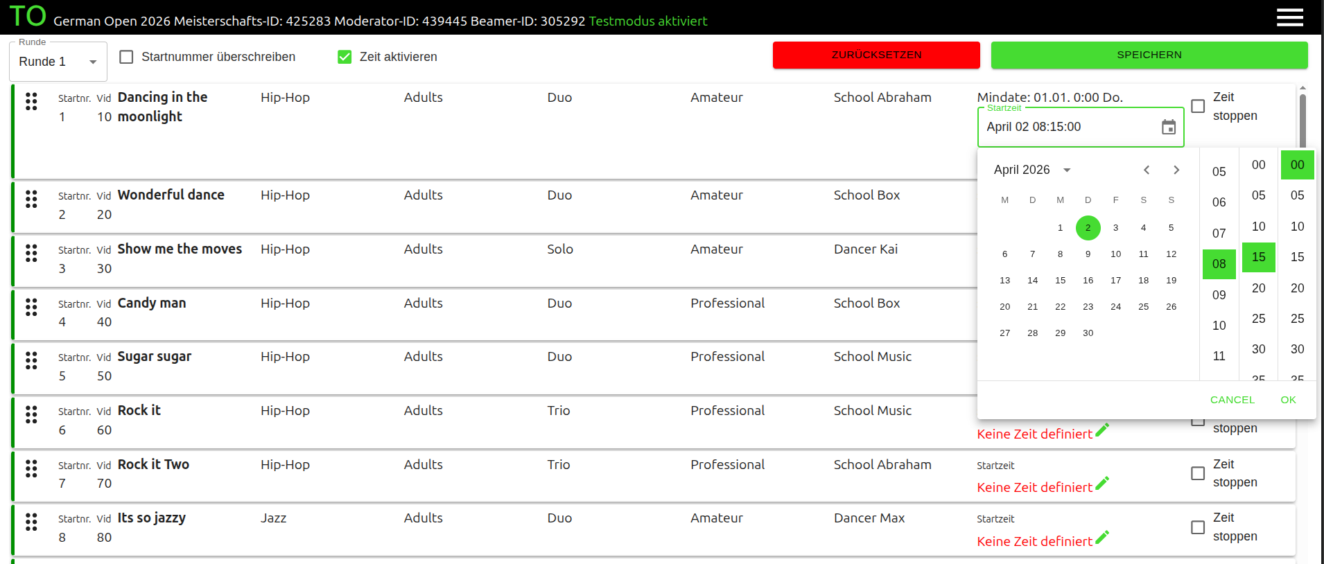 Create start list with times
