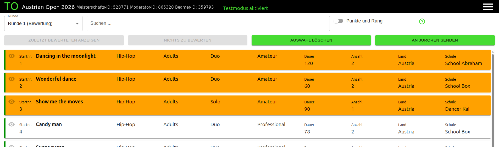 Tänze werden aus der Turniersoftware an die Juroren gesendet