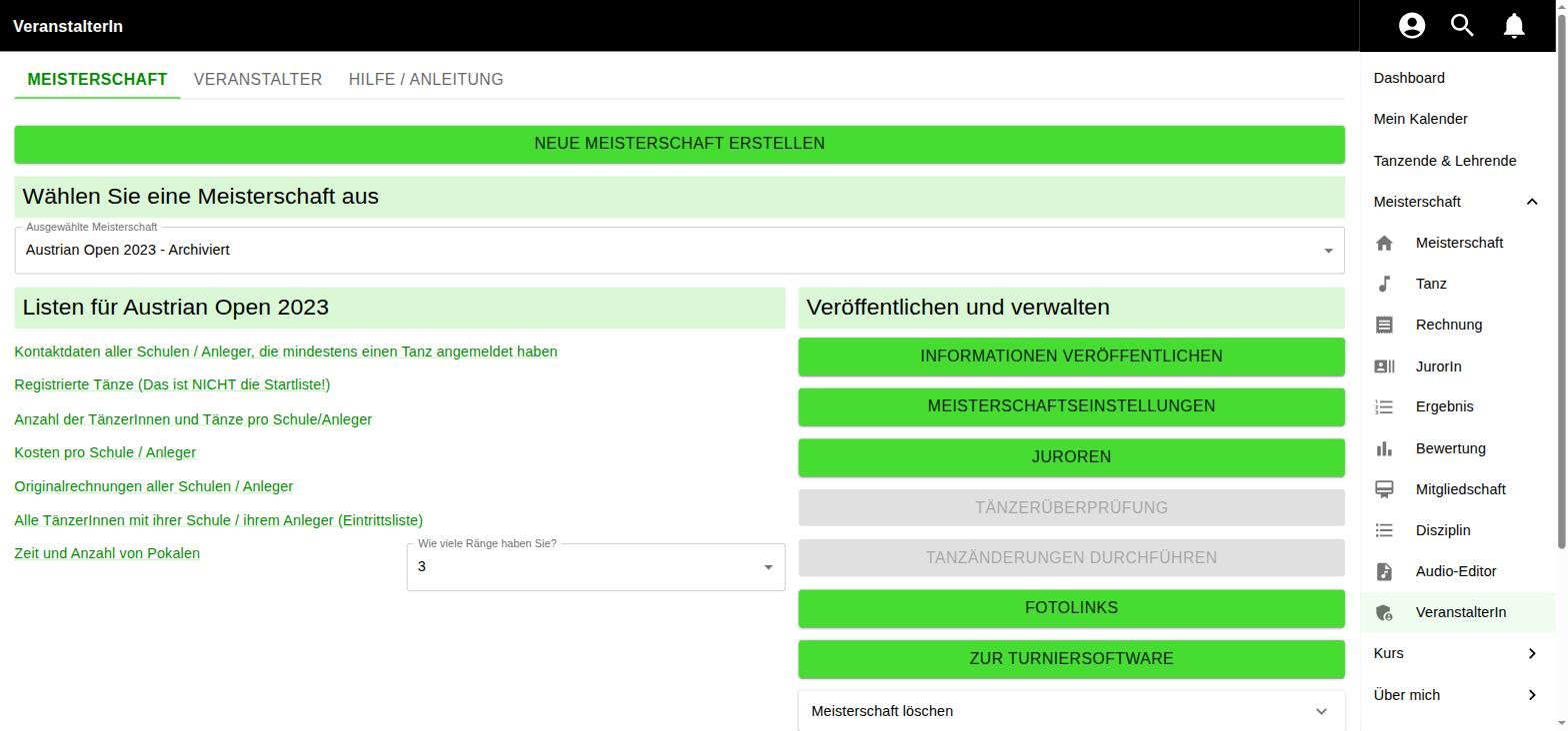 Veranstalter-Dashboard einer Tanzmeisterschaft mit Anmeldungen und Einnahmen