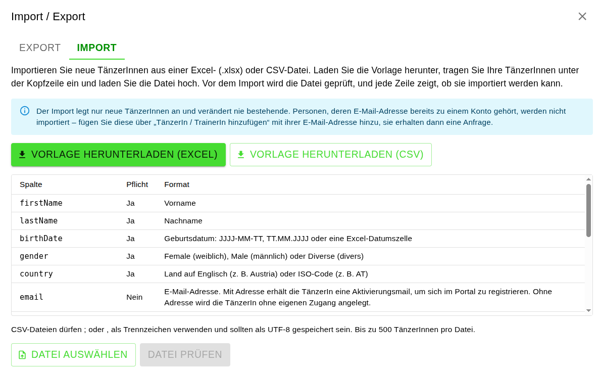 Import von Tänzerdaten aus einer Excel-Liste in Tournament One
