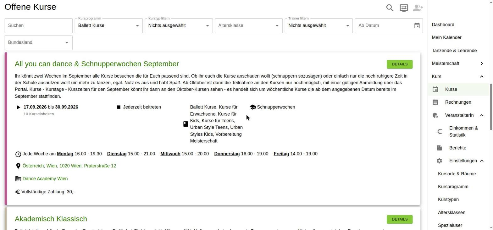 Öffentlich buchbare Tanzkurse mit Terminen und Preisen