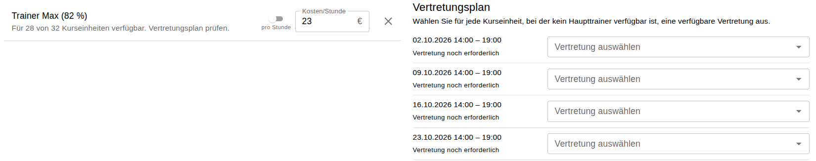 Vertretungsplan eines Kurses in Tournament One: je Kurseinheit die Auswahl einer verfügbaren Vertretung
