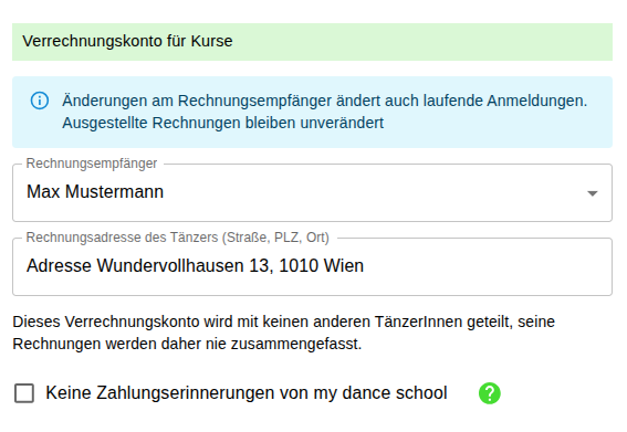 Verrechnungskonto eines Kurses mit Rechnungsempfänger, Rechnungsadresse und Einstellung für Zahlungserinnerungen