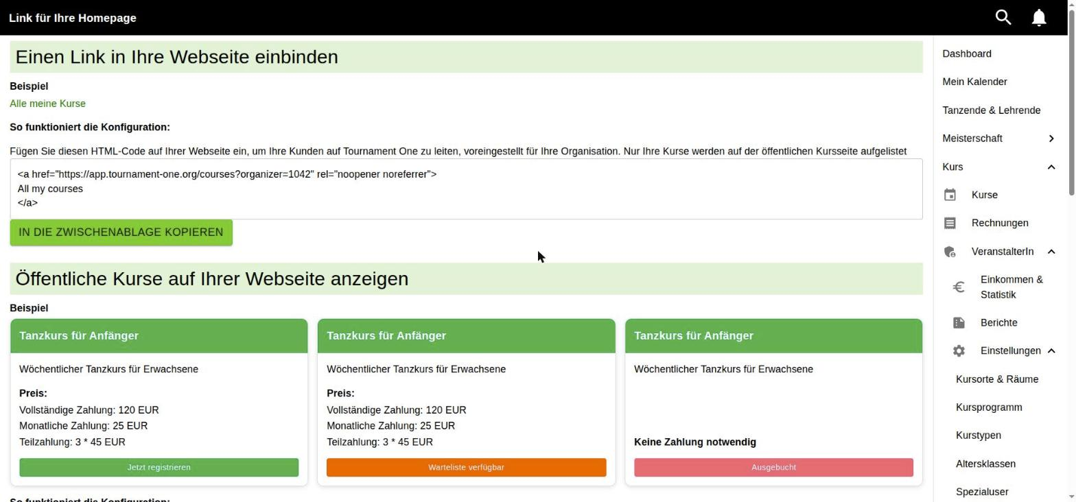 Einbindung der Kurse in die eigene Webseite mit HTML-Code und Beispiel-Kurskarten